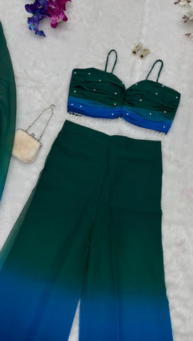 Fancy Green And Blue Shades Color Pure Georgette Ombre Shades With Designer Peal Moti Lace Stone Work Palazzo Suit