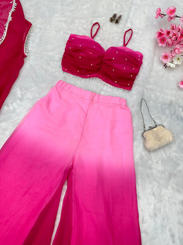 Fancy Pink Shades Color Pure Georgette Ombre Shades With Designer Peal Moti Lace Stone Work Palazzo Suit