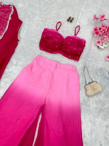 Fancy Pink Shades Color Pure Georgette Ombre Shades With Designer Peal Moti Lace Stone Work Palazzo Suit