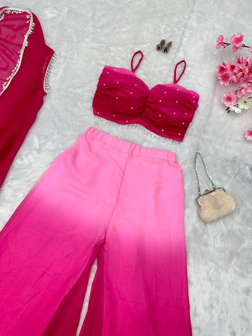 Fancy Pink Shades Color Pure Georgette Ombre Shades With Designer Peal Moti Lace Stone Work Palazzo Suit