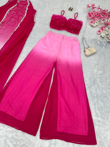 Fancy Pink Shades Color Pure Georgette Ombre Shades With Designer Peal Moti Lace Stone Work Palazzo Suit