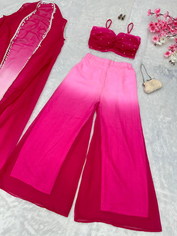 Fancy Pink Shades Color Pure Georgette Ombre Shades With Designer Peal Moti Lace Stone Work Palazzo Suit