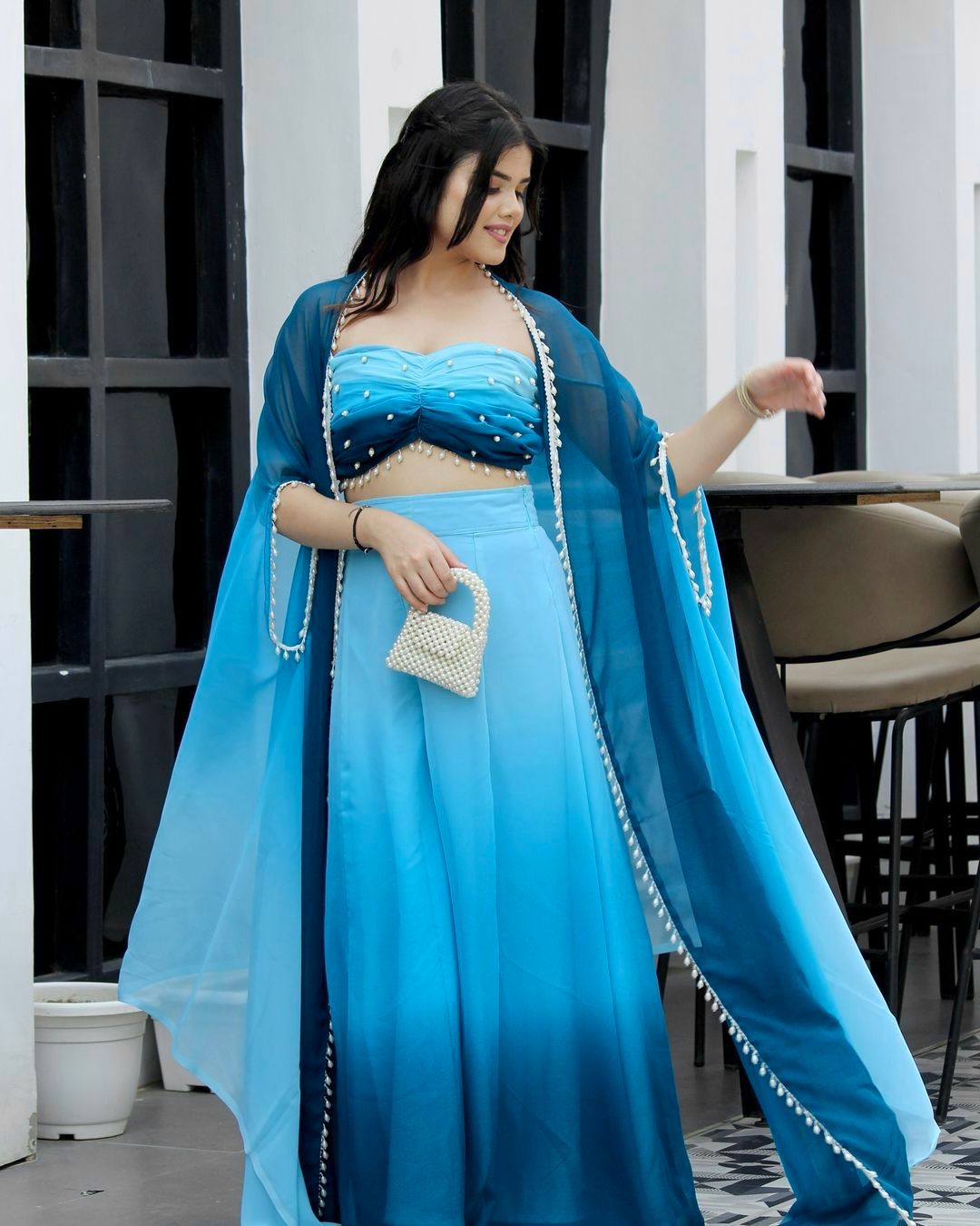 Fancy Sky Blue Shades Color Pure Georgette Ombre Shades With Designer Peal Moti Lace Stone Work Palazzo Suit