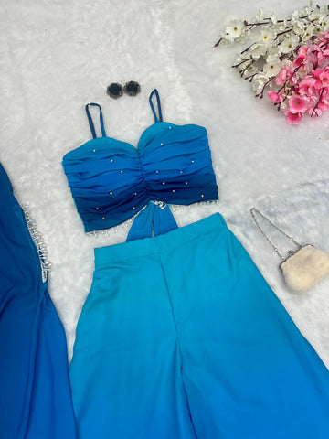 Fancy Sky Blue Shades Color Pure Georgette Ombre Shades With Designer Peal Moti Lace Stone Work Palazzo Suit