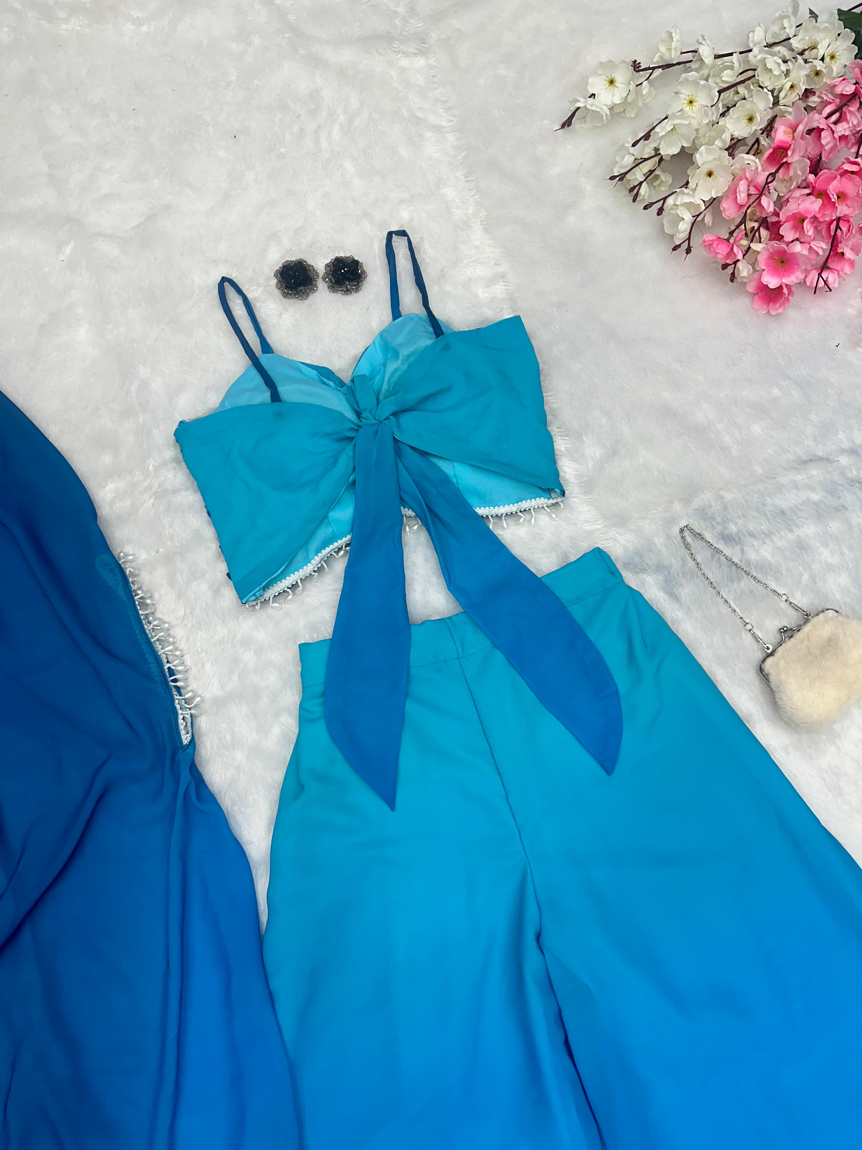 Fancy Sky Blue Shades Color Pure Georgette Ombre Shades With Designer Peal Moti Lace Stone Work Palazzo Suit
