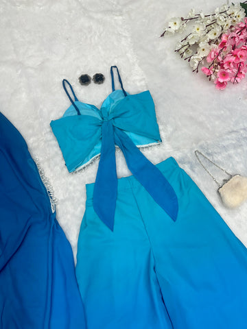 Fancy Sky Blue Shades Color Pure Georgette Ombre Shades With Designer Peal Moti Lace Stone Work Palazzo Suit