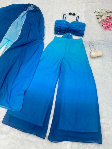 Fancy Sky Blue Shades Color Pure Georgette Ombre Shades With Designer Peal Moti Lace Stone Work Palazzo Suit
