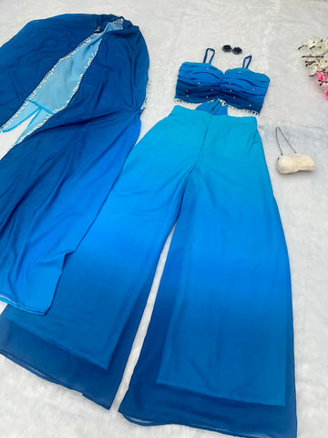 Fancy Sky Blue Shades Color Pure Georgette Ombre Shades With Designer Peal Moti Lace Stone Work Palazzo Suit