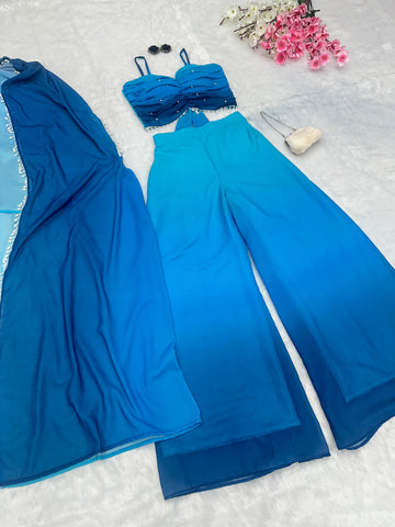 Fancy Sky Blue Shades Color Pure Georgette Ombre Shades With Designer Peal Moti Lace Stone Work Palazzo Suit