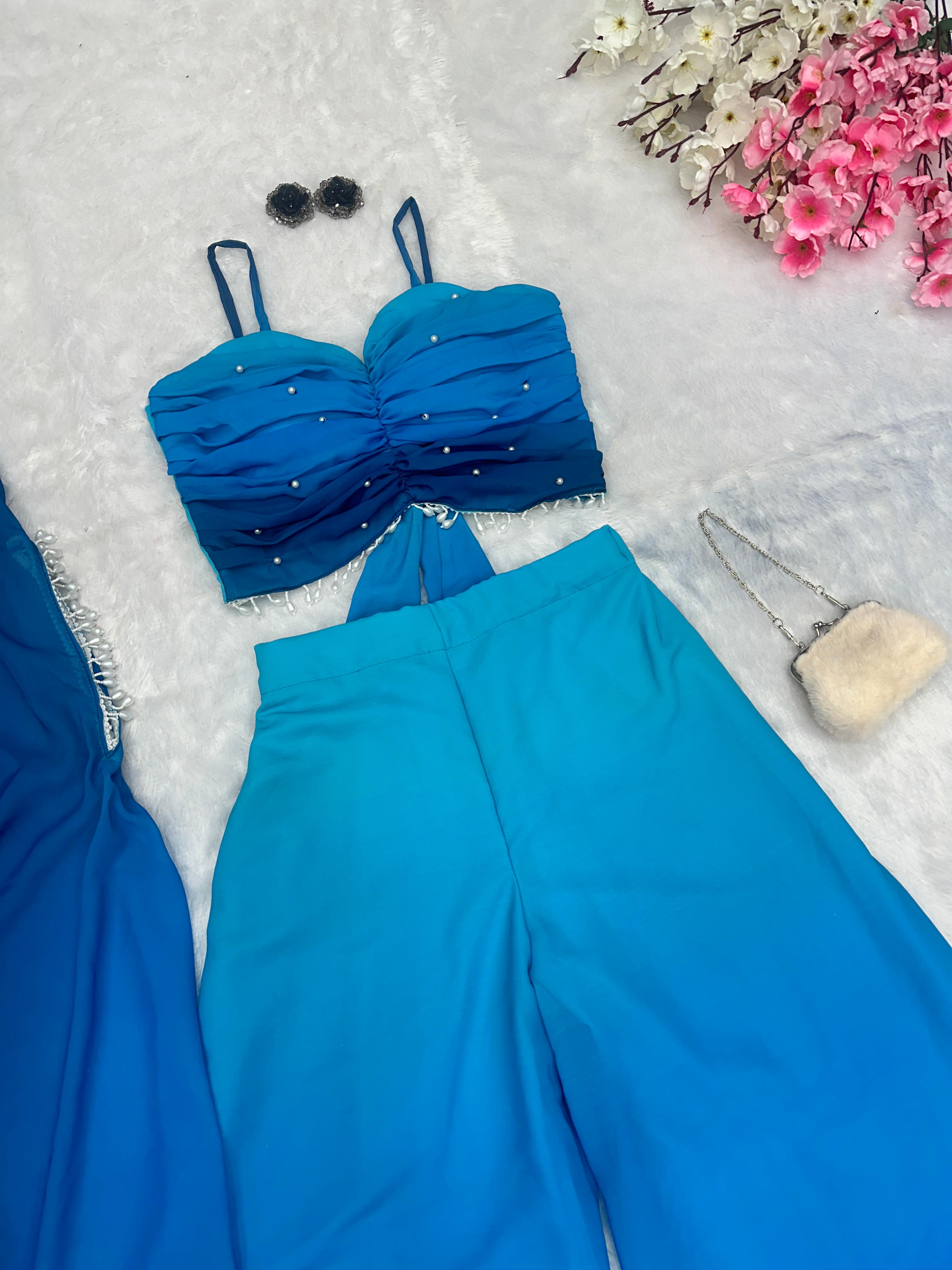 Fancy Sky Blue Shades Color Pure Georgette Ombre Shades With Designer Peal Moti Lace Stone Work Palazzo Suit