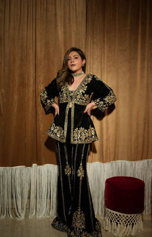 Wedding Wear Black Color Viscose Velvet And Thread With Sequence Work Designer Velvet Palazzo Suit