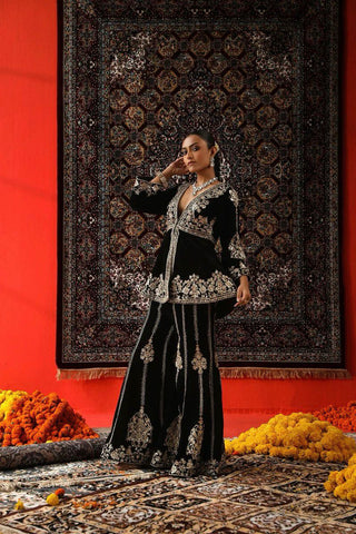 Wedding Wear Black Color Viscose Velvet And Thread With Sequence Work Designer Velvet Palazzo Suit