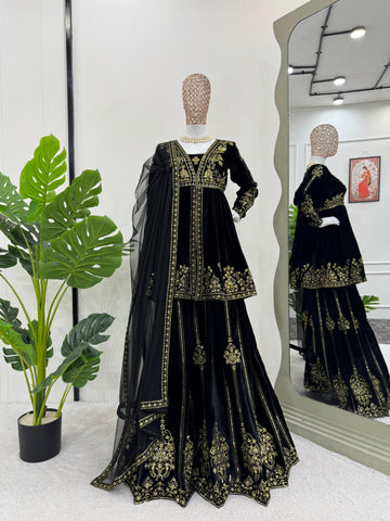 Wedding Wear Black Color Viscose Velvet And Thread With Sequence Work Designer Velvet Palazzo Suit