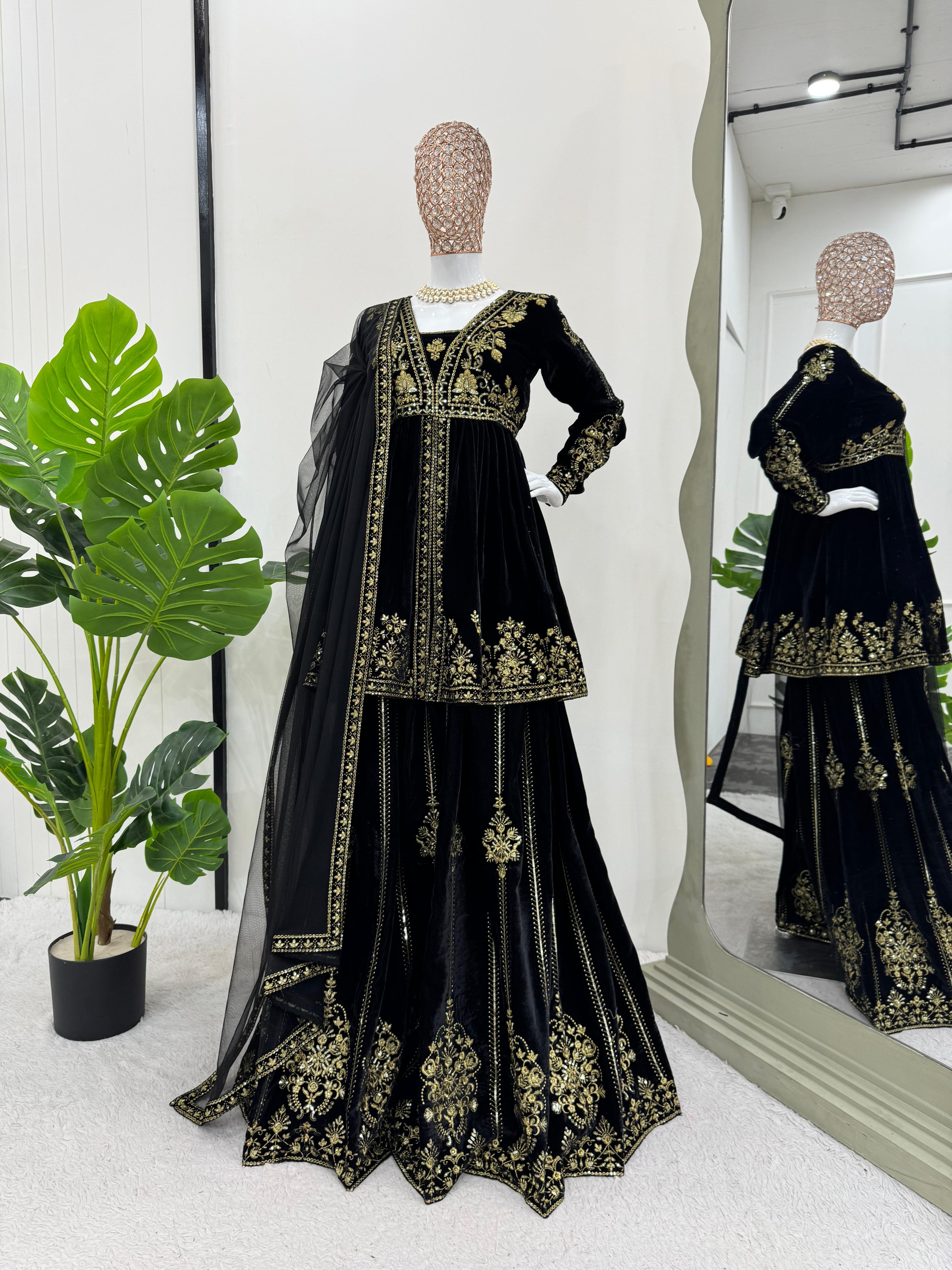 Wedding Wear Black Color Viscose Velvet And Thread With Sequence Work Designer Velvet Palazzo Suit