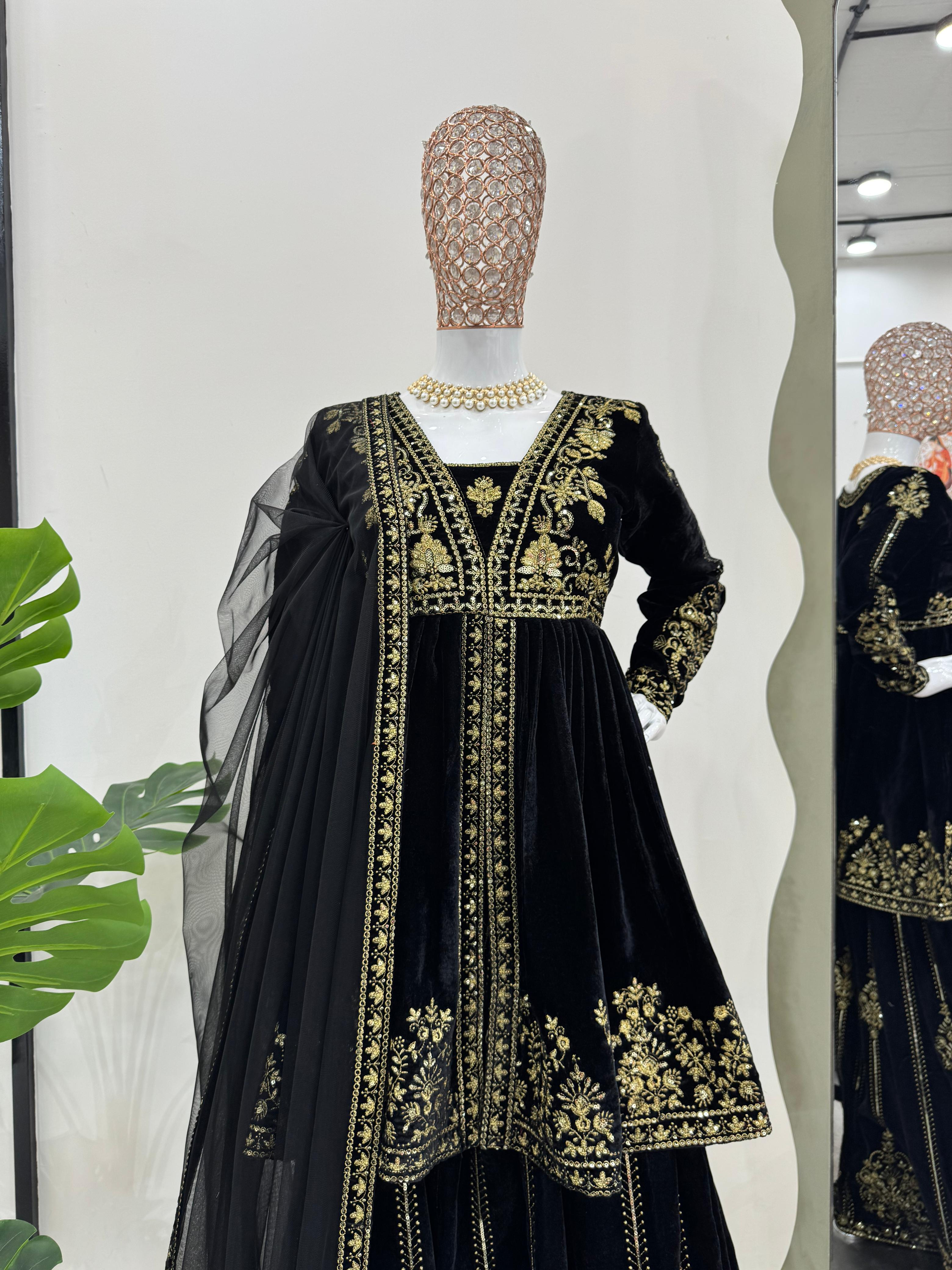 Wedding Wear Black Color Viscose Velvet And Thread With Sequence Work Designer Velvet Palazzo Suit