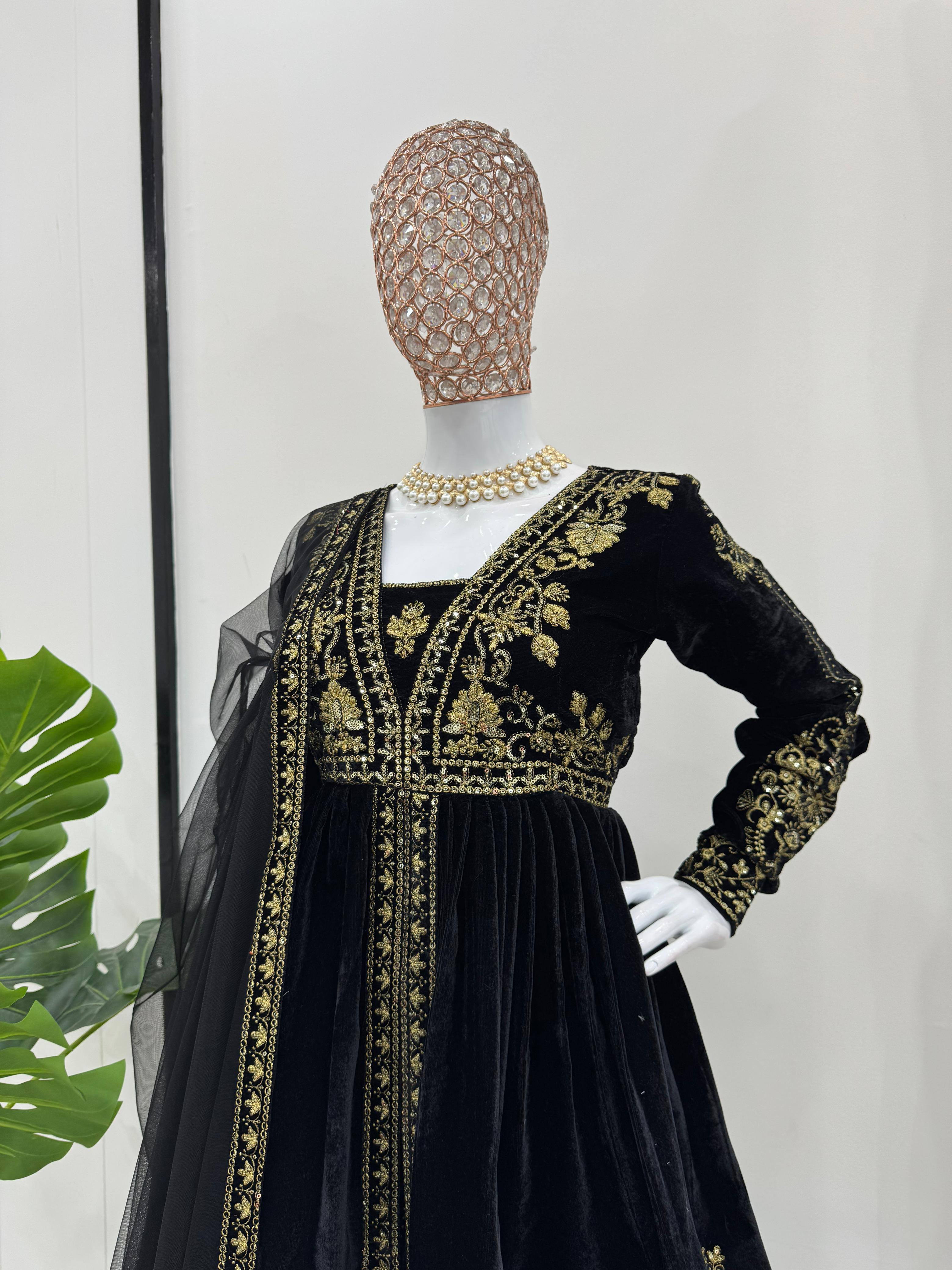 Wedding Wear Black Color Viscose Velvet And Thread With Sequence Work Designer Velvet Palazzo Suit