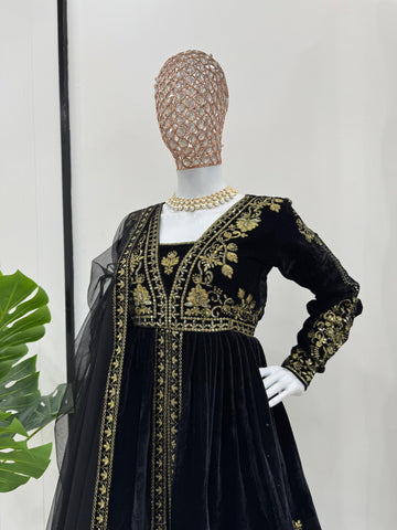 Wedding Wear Black Color Viscose Velvet And Thread With Sequence Work Designer Velvet Palazzo Suit
