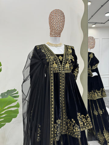 Wedding Wear Black Color Viscose Velvet And Thread With Sequence Work Designer Velvet Palazzo Suit