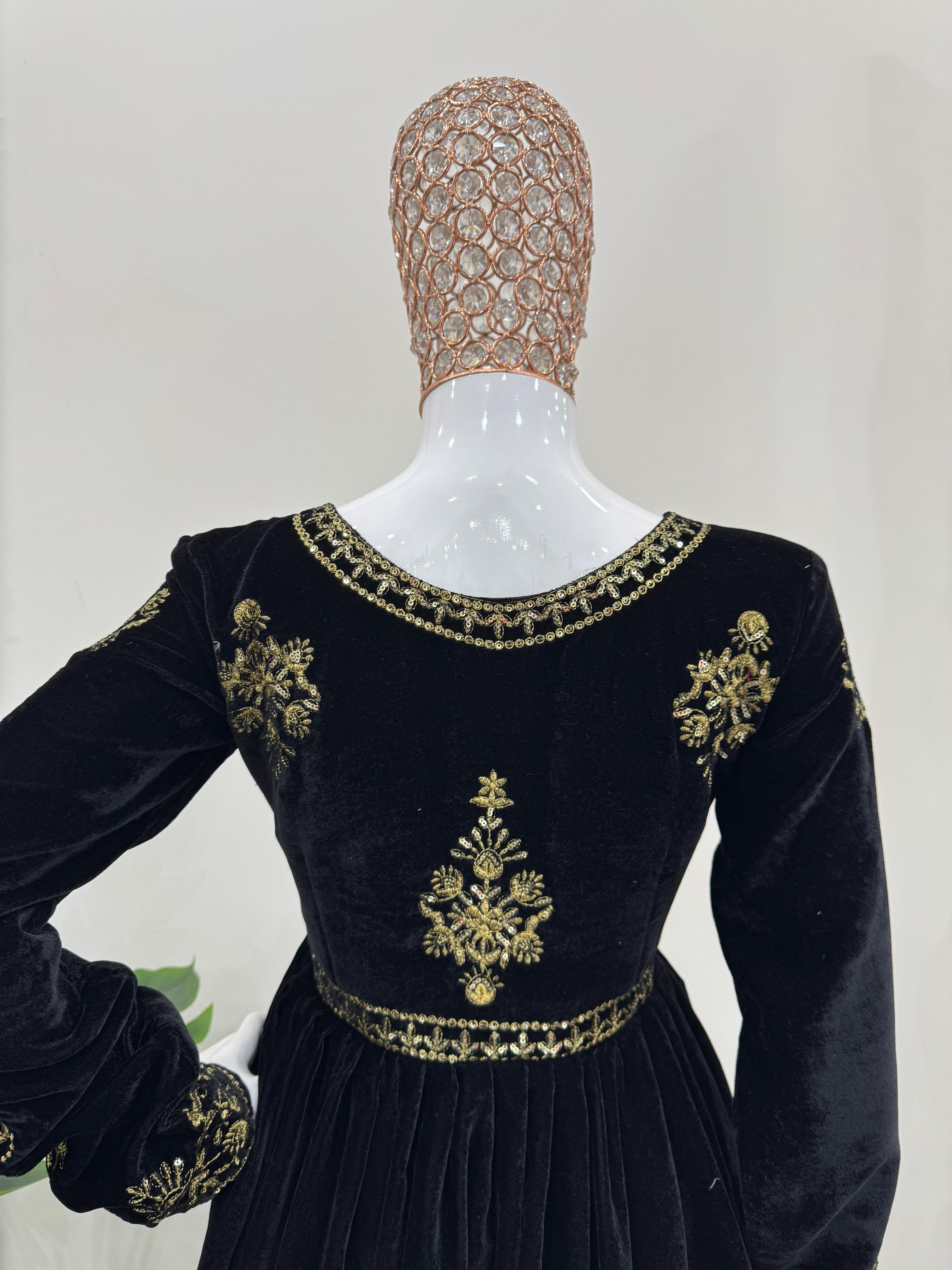 Wedding Wear Black Color Viscose Velvet And Thread With Sequence Work Designer Velvet Palazzo Suit