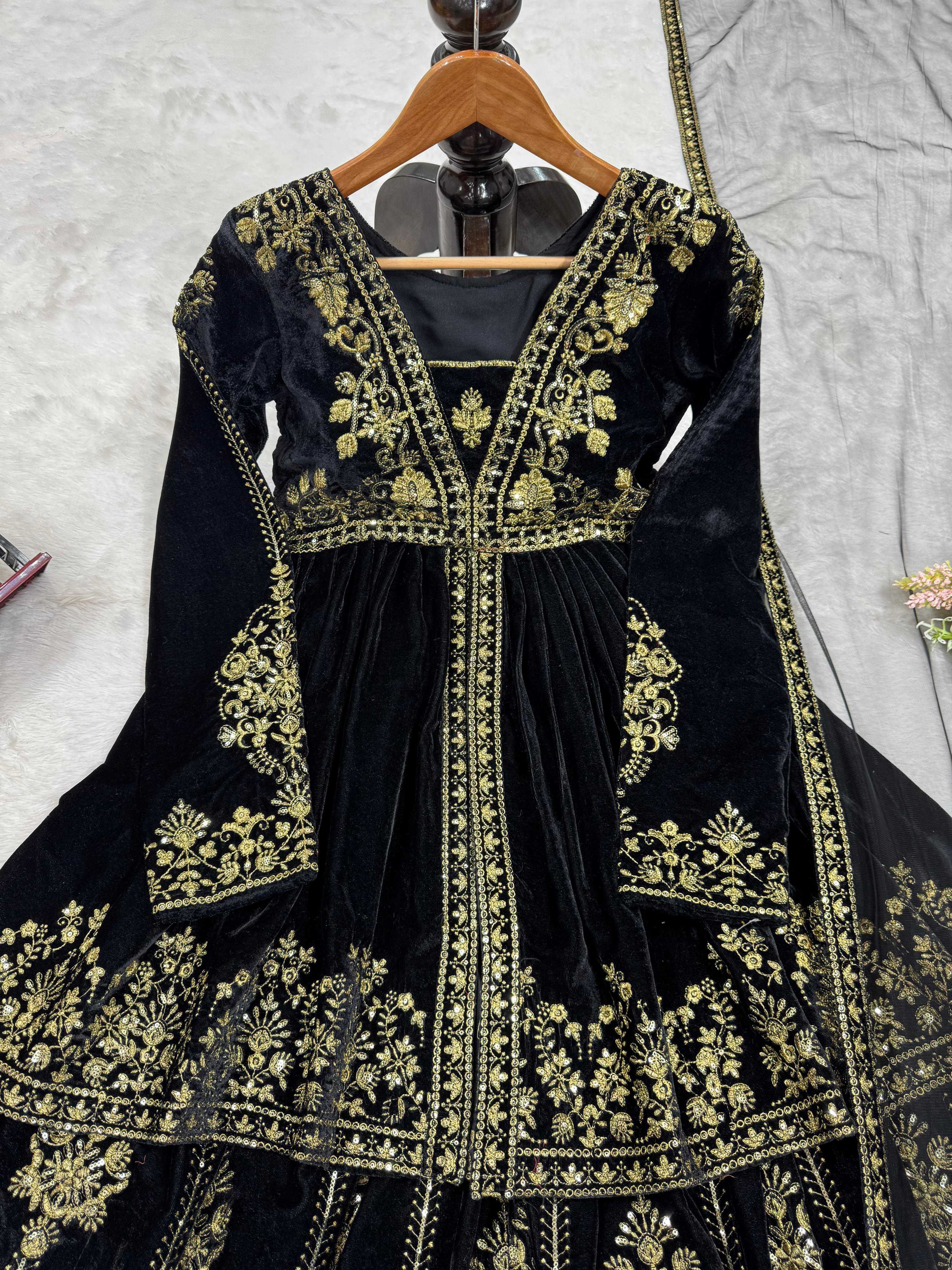 Wedding Wear Black Color Viscose Velvet And Thread With Sequence Work Designer Velvet Palazzo Suit