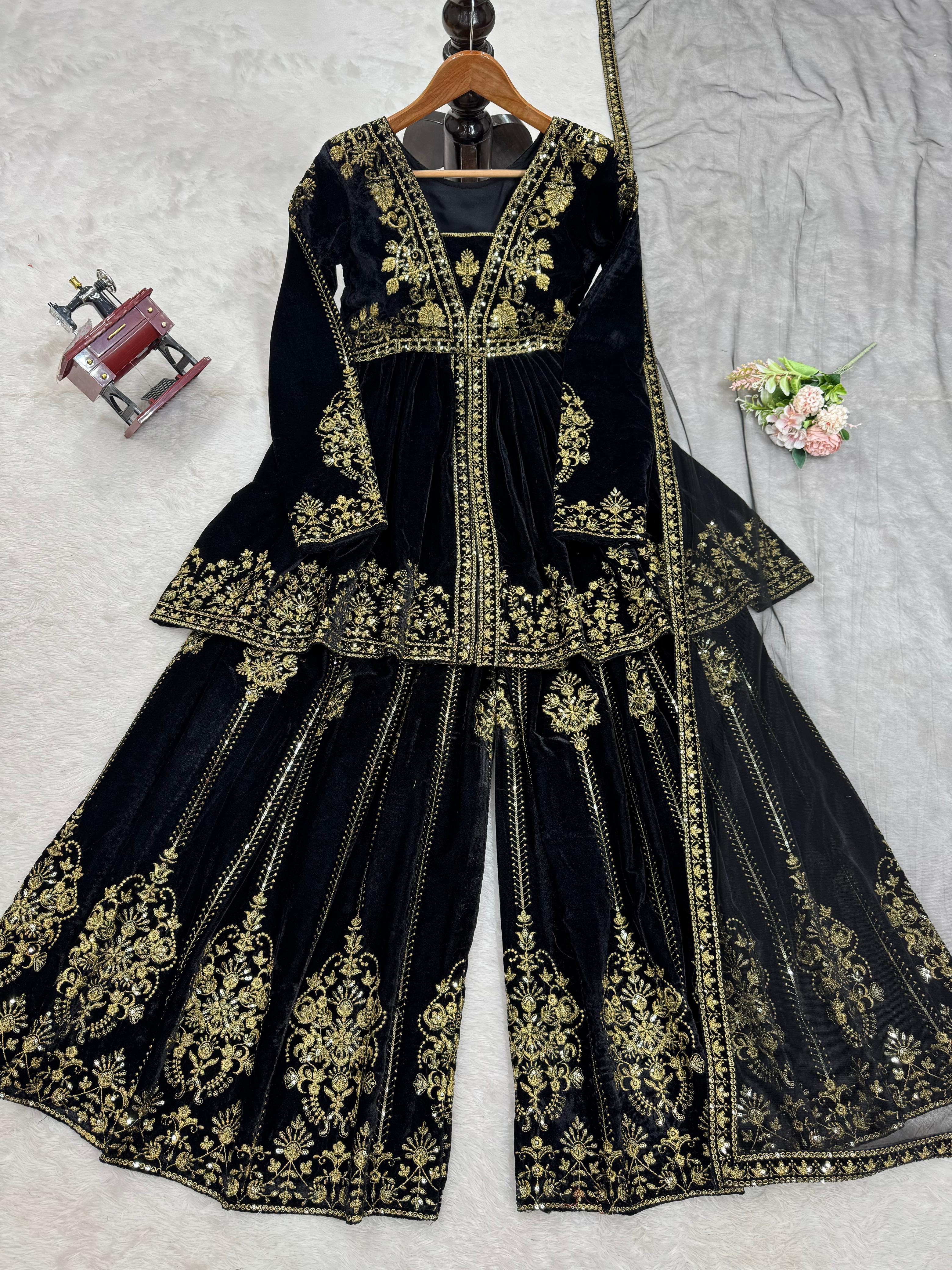 Wedding Wear Black Color Viscose Velvet And Thread With Sequence Work Designer Velvet Palazzo Suit