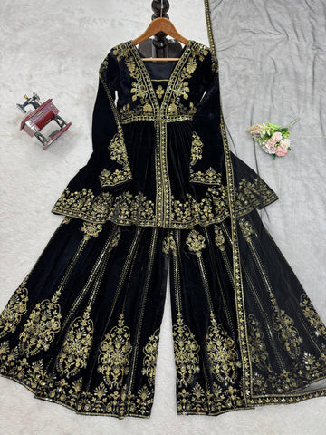 Wedding Wear Black Color Viscose Velvet And Thread With Sequence Work Designer Velvet Palazzo Suit