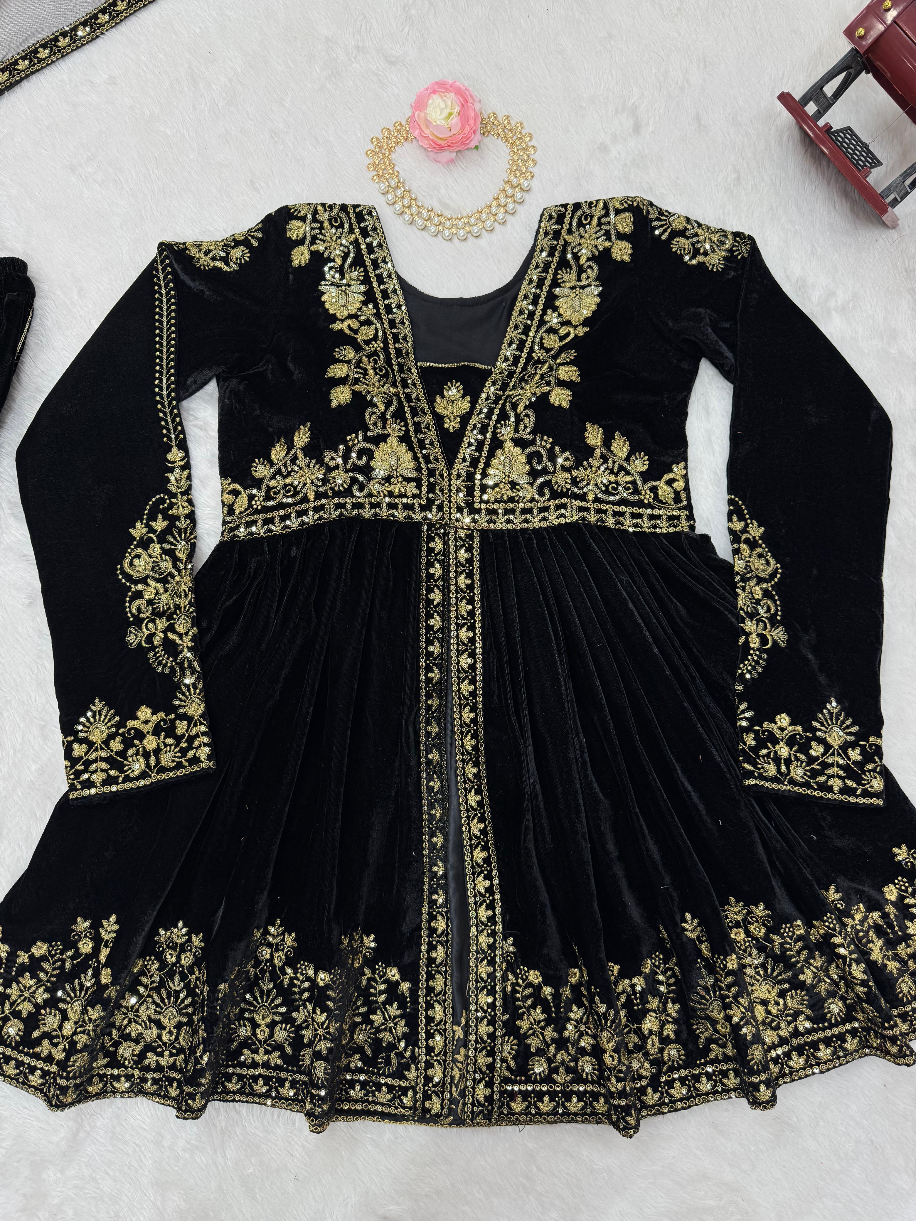 Wedding Wear Black Color Viscose Velvet And Thread With Sequence Work Designer Velvet Palazzo Suit
