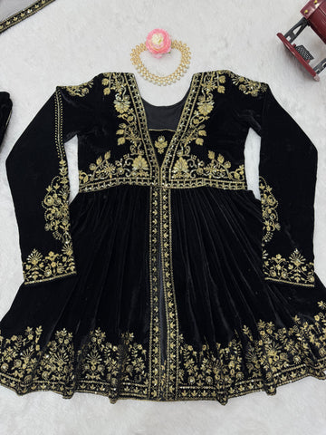 Wedding Wear Black Color Viscose Velvet And Thread With Sequence Work Designer Velvet Palazzo Suit