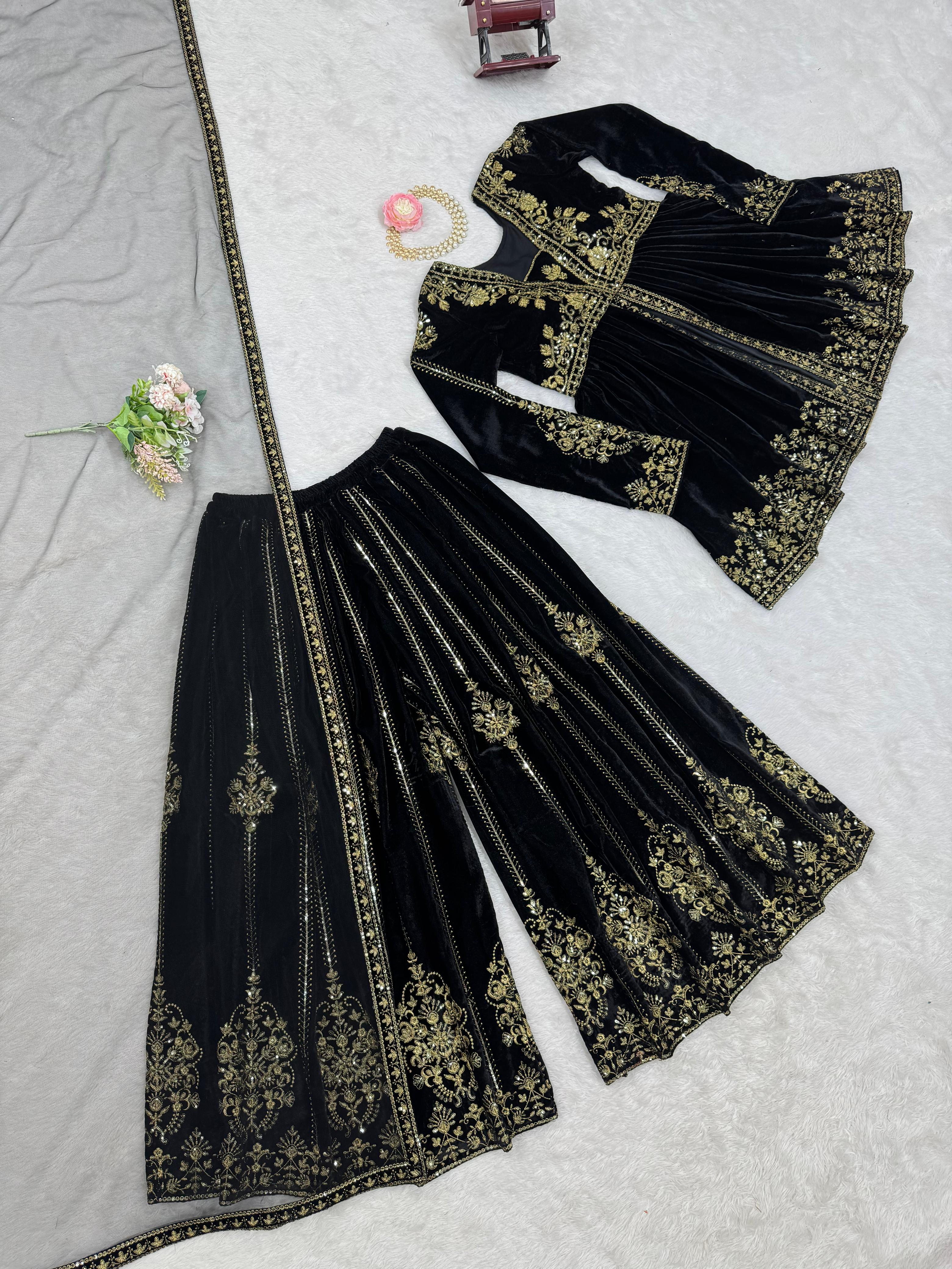 Wedding Wear Black Color Viscose Velvet And Thread With Sequence Work Designer Velvet Palazzo Suit