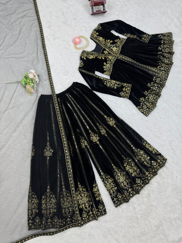 Wedding Wear Black Color Viscose Velvet And Thread With Sequence Work Designer Velvet Palazzo Suit