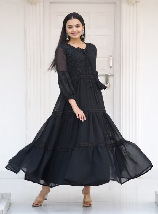 Casual Wear Black Color Faux Georgette And Embroidery Work Beautiful Gown