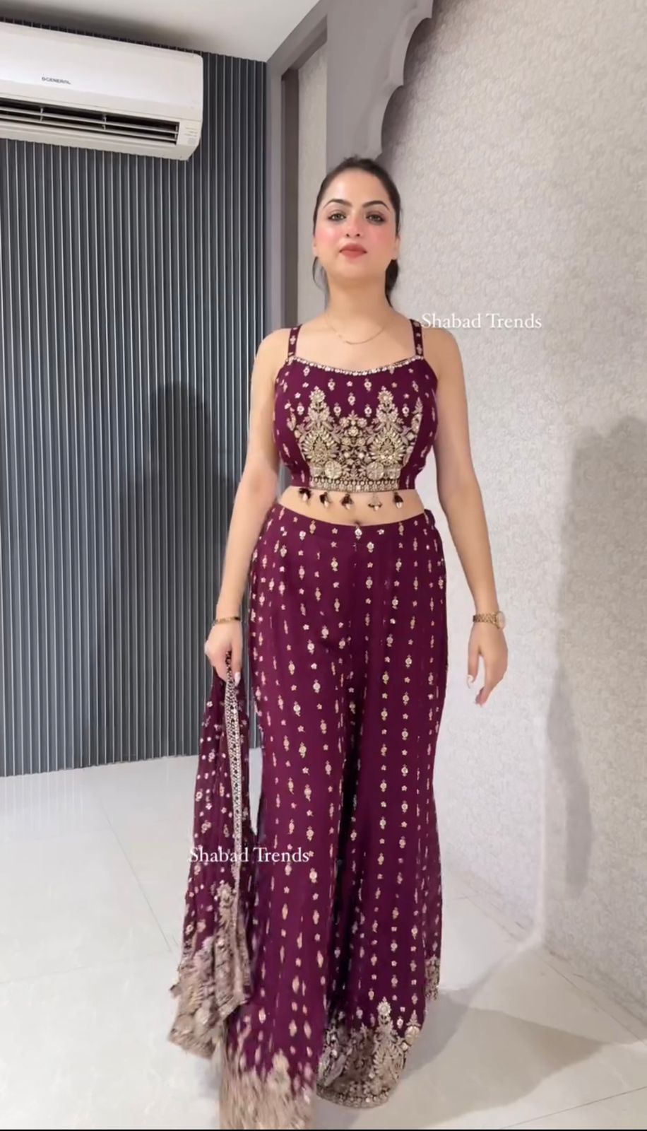 Ceremony Wear Wine Color Faux Georgette Embroidered Sequence Work Designe Koti With Palazzo
