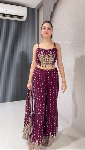 Ceremony Wear Wine Color Faux Georgette Embroidered Sequence Work Designe Koti With Palazzo