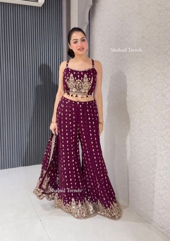 Ceremony Wear Wine Color Faux Georgette Embroidered Sequence Work Designe Koti With Palazzo