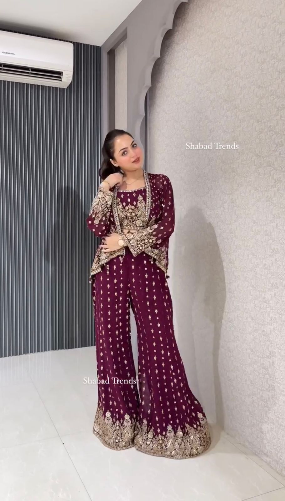 Ceremony Wear Wine Color Faux Georgette Embroidered Sequence Work Designe Koti With Palazzo