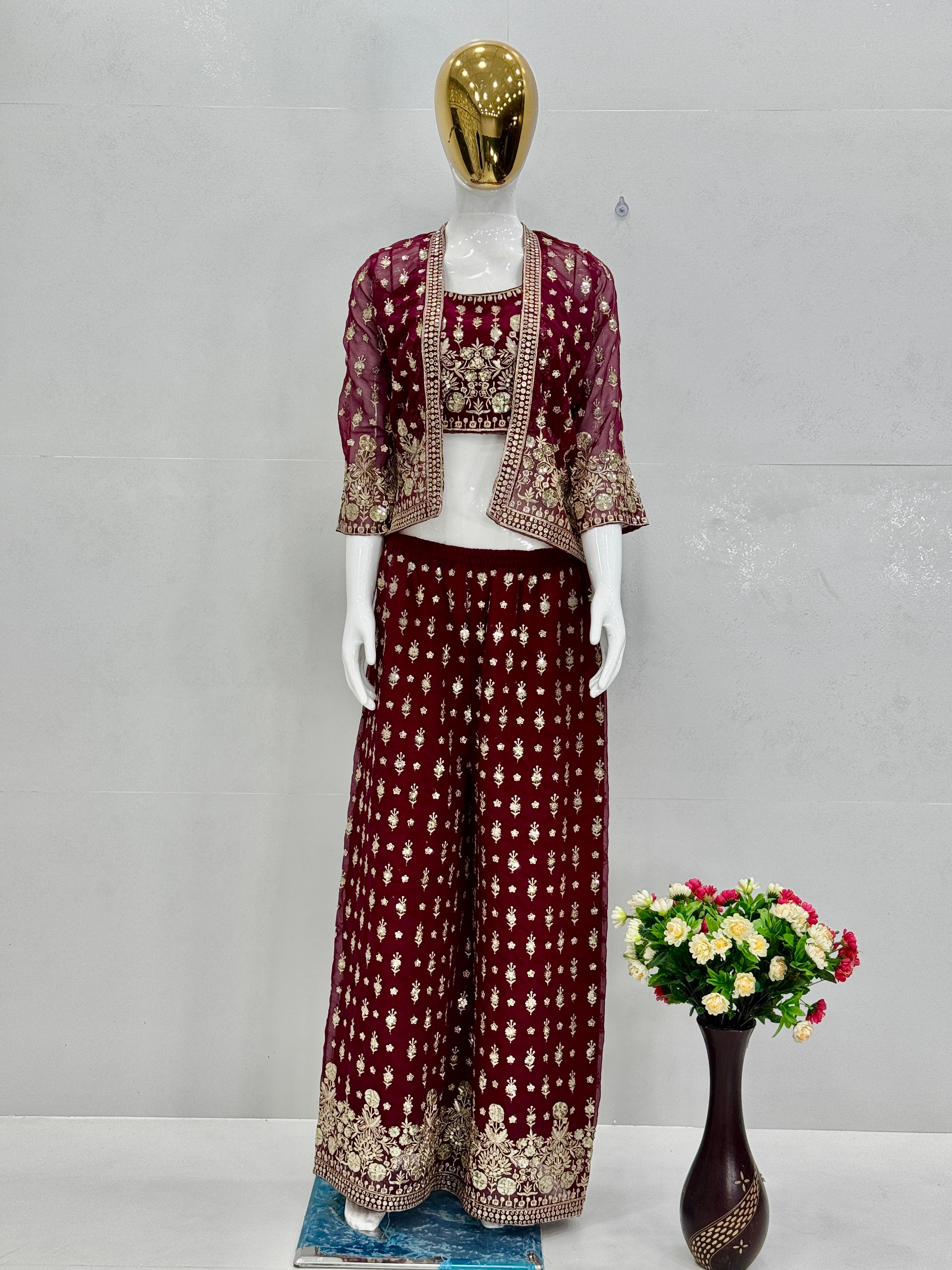Ceremony Wear Wine Color Faux Georgette Embroidered Sequence Work Designe Koti With Palazzo