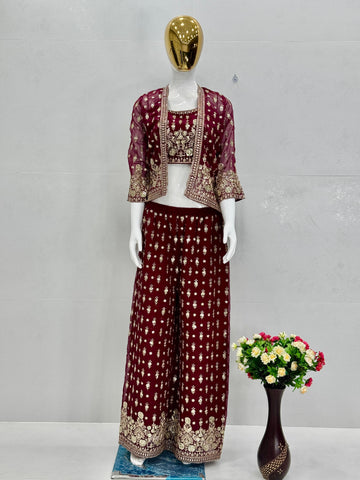 Ceremony Wear Wine Color Faux Georgette Embroidered Sequence Work Designe Koti With Palazzo