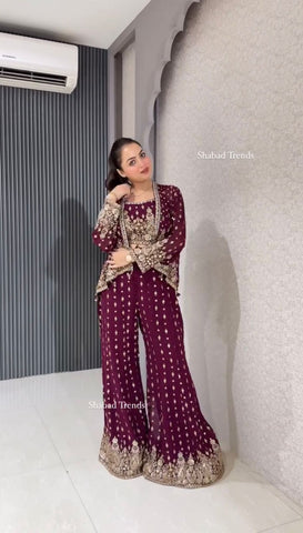 Ceremony Wear Wine Color Faux Georgette Embroidered Sequence Work Designe Koti With Palazzo