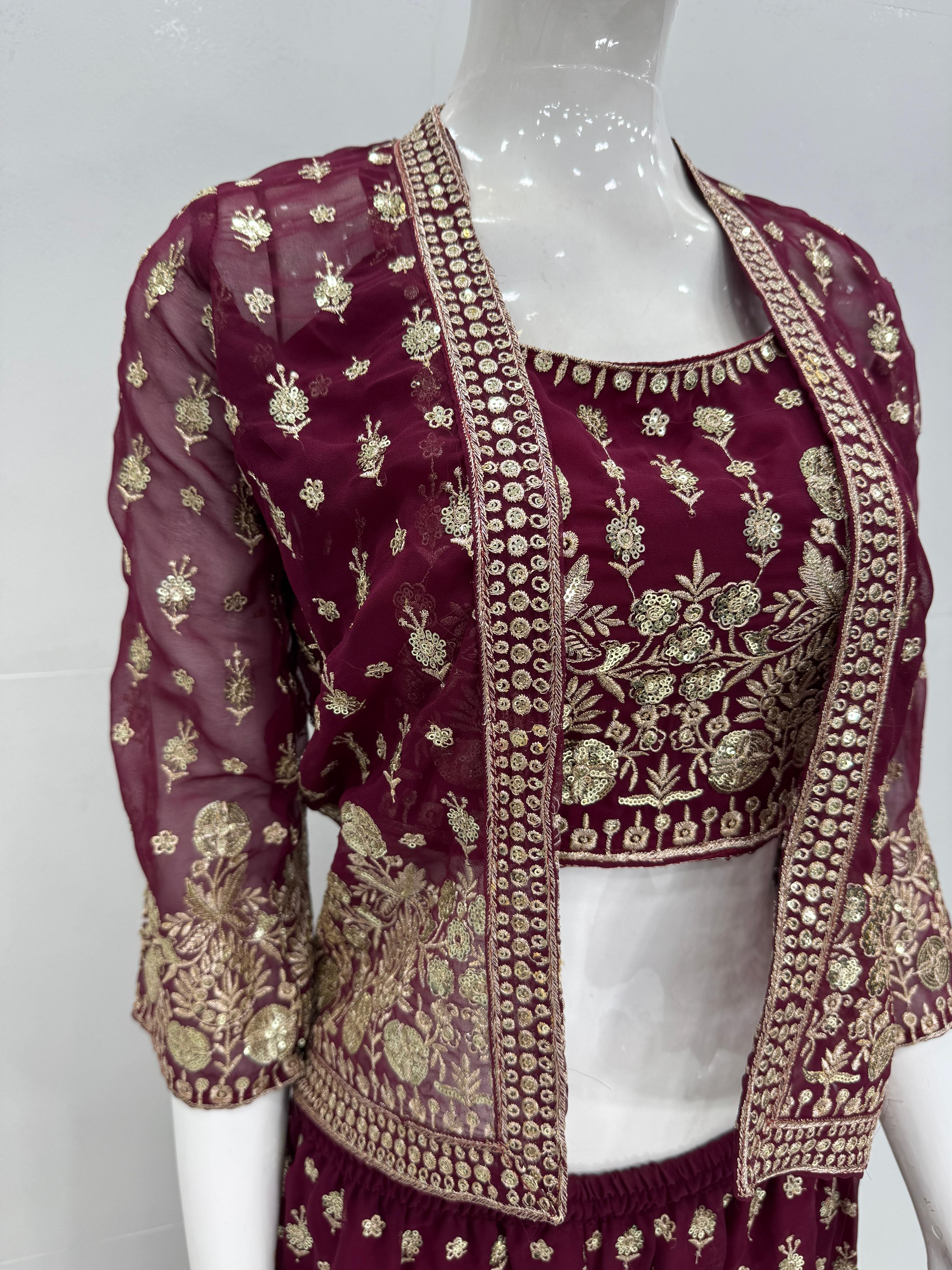 Ceremony Wear Wine Color Faux Georgette Embroidered Sequence Work Designe Koti With Palazzo