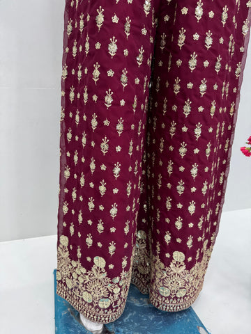 Ceremony Wear Wine Color Faux Georgette Embroidered Sequence Work Designe Koti With Palazzo