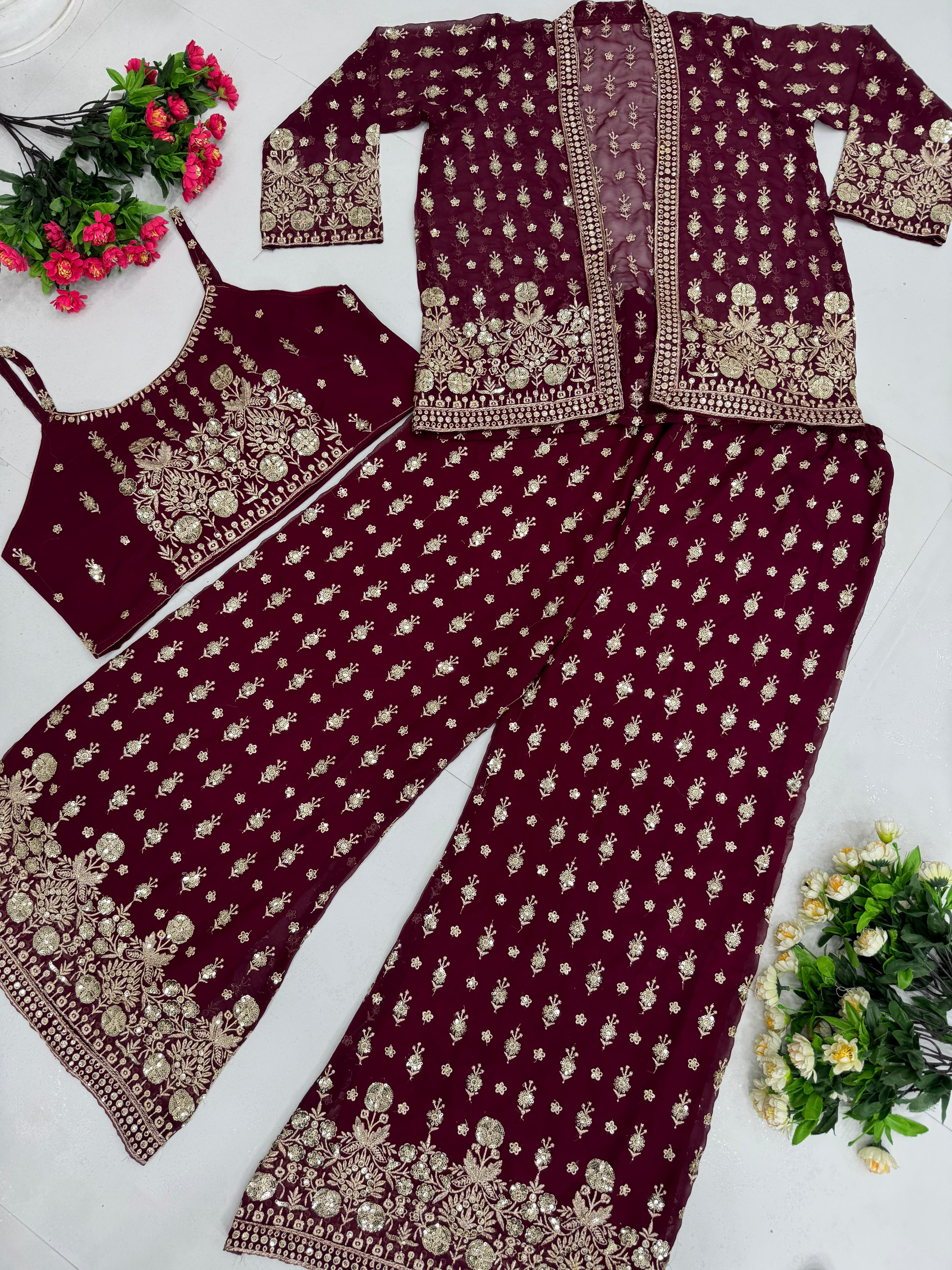 Ceremony Wear Wine Color Faux Georgette Embroidered Sequence Work Designe Koti With Palazzo