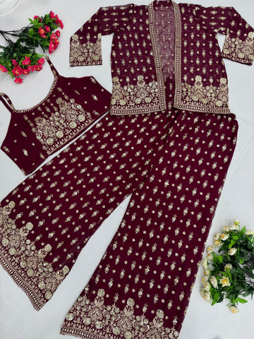 Ceremony Wear Wine Color Faux Georgette Embroidered Sequence Work Designe Koti With Palazzo