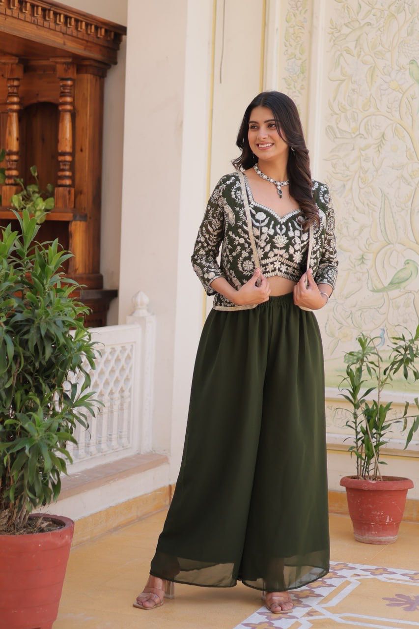 Bollywood Wear Green Color Heavy Faux Georgette With Heavy Embroidery Work Koti With Choli Palazzo Suit