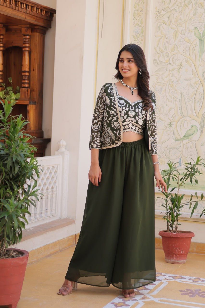 Bollywood Wear Green Color Heavy Faux Georgette With Heavy Embroidery Work Koti With Choli Palazzo Suit