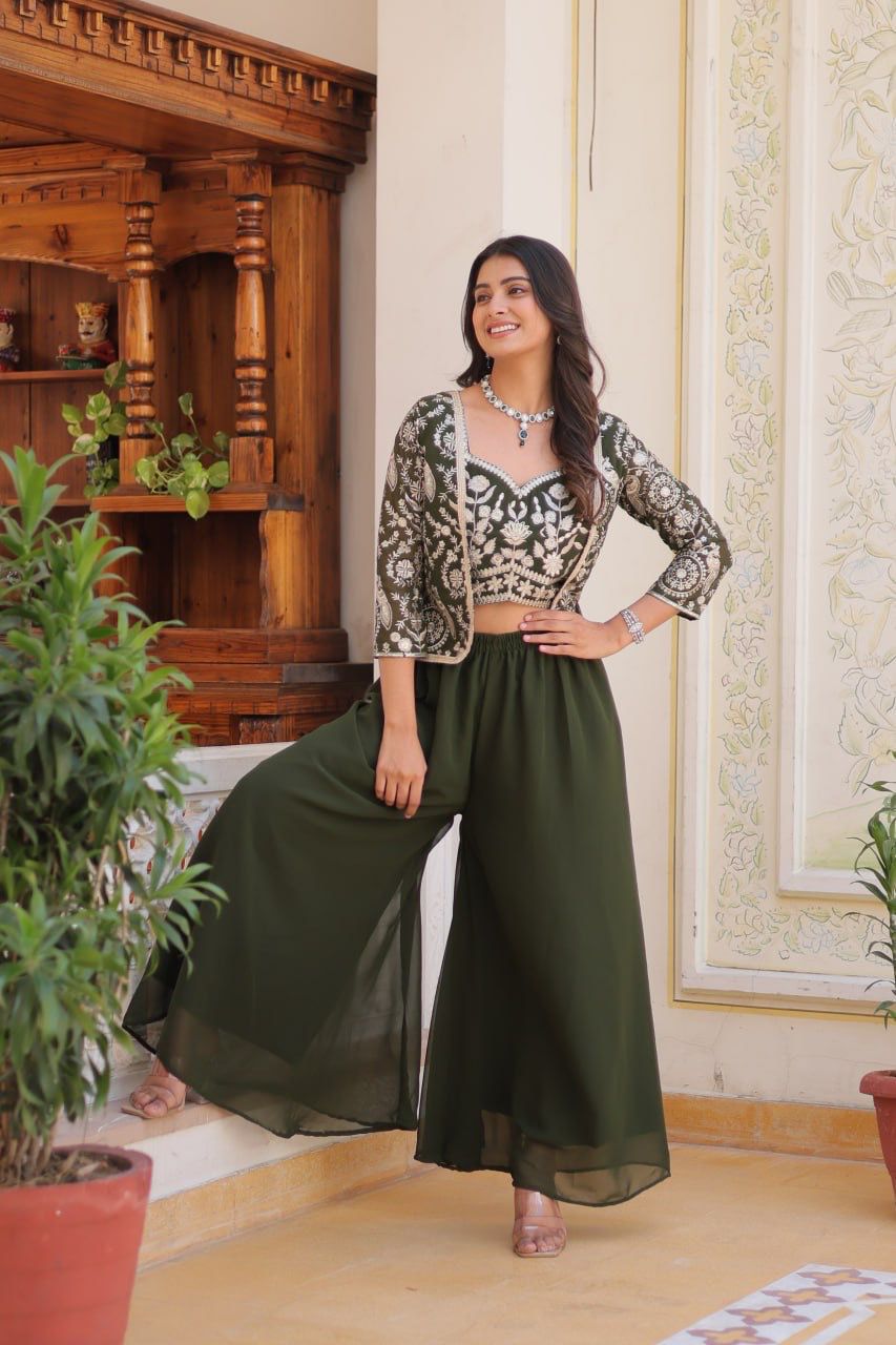 Bollywood Wear Green Color Heavy Faux Georgette With Heavy Embroidery Work Koti With Choli Palazzo Suit