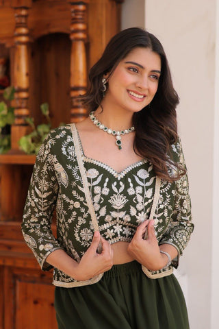 Bollywood Wear Green Color Heavy Faux Georgette With Heavy Embroidery Work Koti With Choli Palazzo Suit