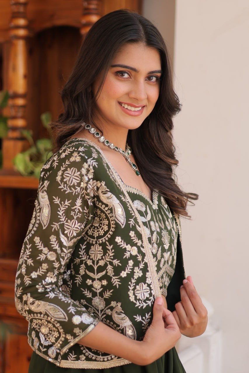 Bollywood Wear Green Color Heavy Faux Georgette With Heavy Embroidery Work Koti With Choli Palazzo Suit