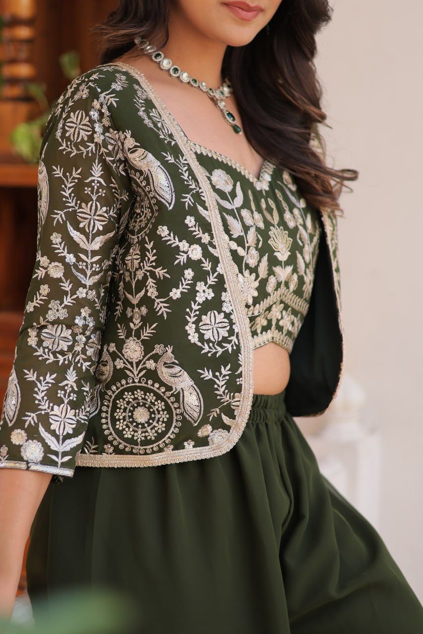 Bollywood Wear Green Color Heavy Faux Georgette With Heavy Embroidery Work Koti With Choli Palazzo Suit