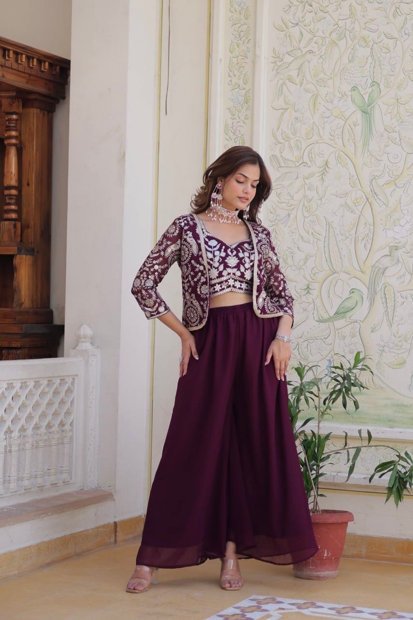 Bollywood Wear Wine Color Heavy Faux Georgette With Heavy Embroidery Work Koti With Choli Palazzo Suit