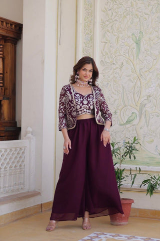 Bollywood Wear Wine Color Heavy Faux Georgette With Heavy Embroidery Work Koti With Choli Palazzo Suit